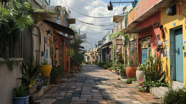 Narrow Cobblestone Street in Colorful Shanty Town