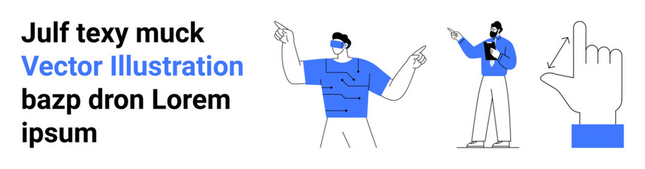 Two characters interacting using gestures and technology, with an emphasis on communication and innovation. Ideal for teamwork, collaboration, technology, creativity, interface design, digital