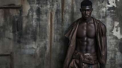 Fototapeta premium Aesthetic Man in the Urban Grunge: A striking male model with toned physique stands with confidence.