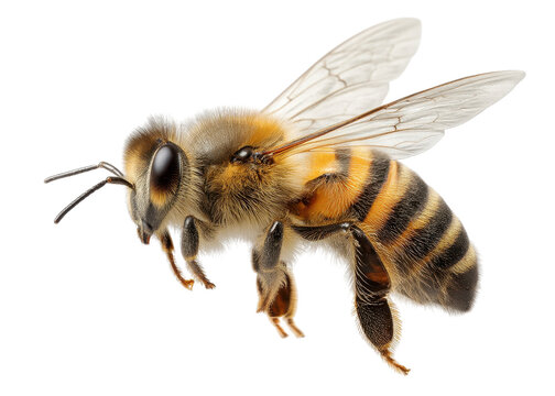 Honey bee flying with wings spread, isolated on transparent background, insect, nature, environment