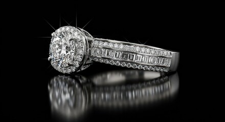 Elegant Diamond Ring Sparkling on Black Reflective Surface