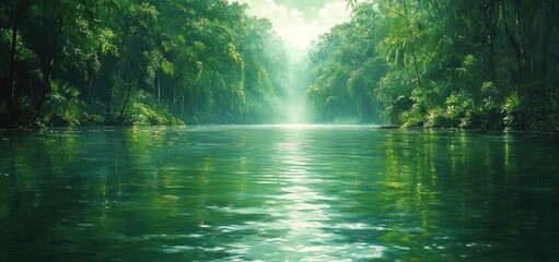 Obraz premium Serene Green River in Lush Tropical Rainforest