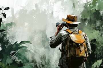 Explorer views a dense jungle landscape through binoculars.