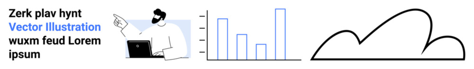 Man working on laptop, pointing at data bar graph beside abstract cloud shape. Ideal for analytics, technology, cloud computing, data visualization, business strategy, research, simple landing page