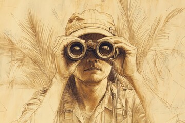 Person using binoculars in a detailed illustration.