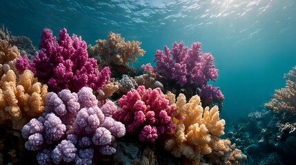 Fototapeta premium Radiant coral reef teeming with life beneath a sun-dappled turquoise surface