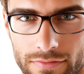 Fototapeta premium Close-up of a man wearing glasses on a white background, a man wearing glasses looks up