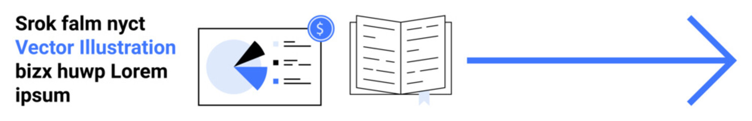 Chart with statistics, open document, blue arrow for forward action. Ideal for analytics, workflow, data management, strategy planning, financial report, information sharing simple landing page