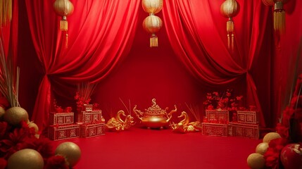 Elegant Chinese New Year Scene with Golden Decor and Red Silk Curtains