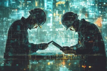 Two workers collaborating on digital plans in a modern industrial setting.