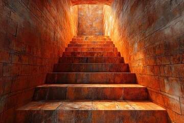 3d illustration of stairway made from solid orange bricks, old and rustic design