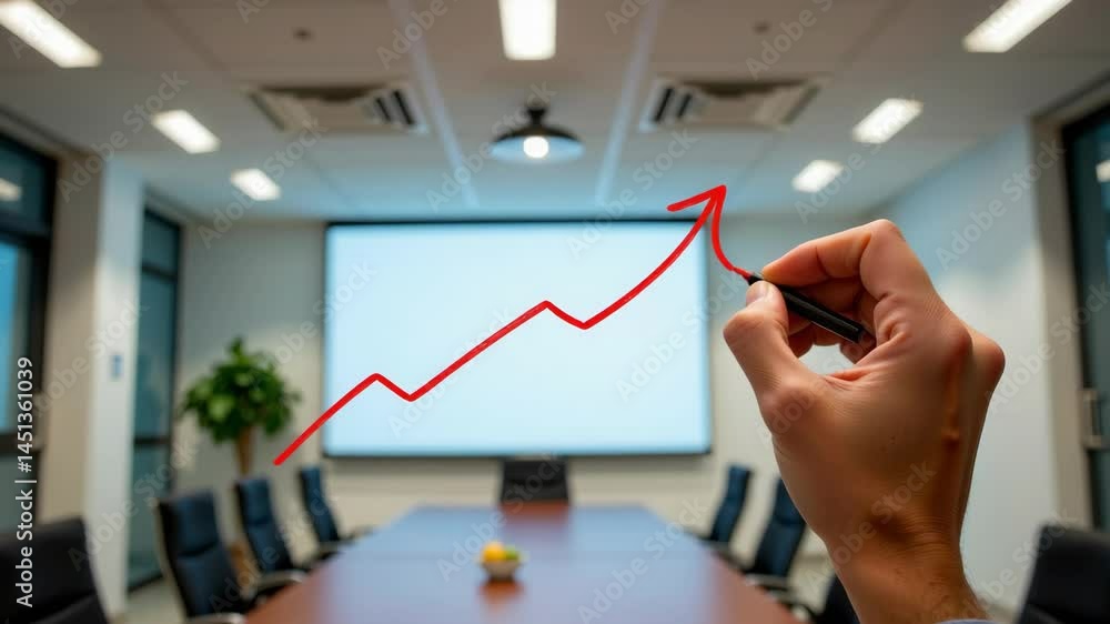 Poster a hand draws a rising red line graph in front of a conference room and presentation screen.