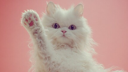 Fototapeta premium Fluffy white cat paw up, pink background.