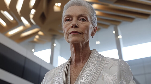 Poised and Professional: A distinguished, elegant woman, exudes confidence, standing within a modern architectural space, radiating leadership and experience.