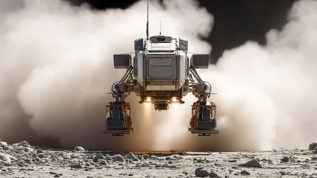 Futuristic Lunar Lander Descending Dust Cloud Spacecraft Exploration, satellite robot drone landing on moon/mysterious planet, cinematic foggy action