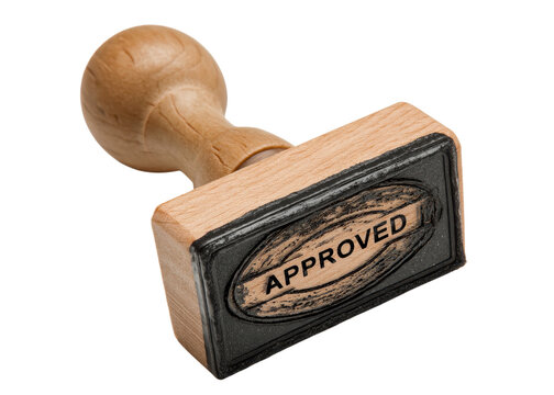 Wooden rubber stamp with the word APPROVED isolated on transparent background, concept approval, quality, success