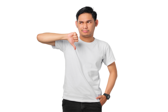 Angry young Asian man showing rejection and negative with thumbs down gesture isolated on transparent background - Powered by Adobe