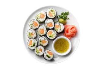Sushi rolls on a white plate with ginger, wasabi, and dipping sauce, isolated on transparent background. Japanese cuisine, healthy food, delicious.