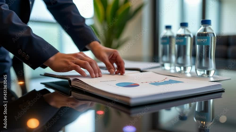 Poster a person in a suit reviews business charts and graphs on a report at a modern office table with bott