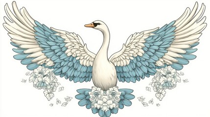 Fototapeta premium Elegant swan with outstretched wings adorned with pastel blue feathers and flora
