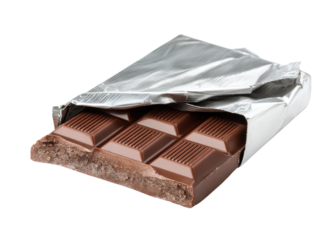 Chocolate bar partially unwrapped in foil, isolated on transparent background, sweetness, indulgence, dessert.