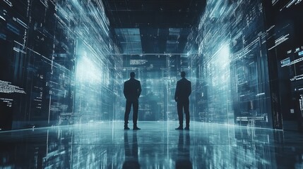 Two figures stand in a digital, data-filled space.