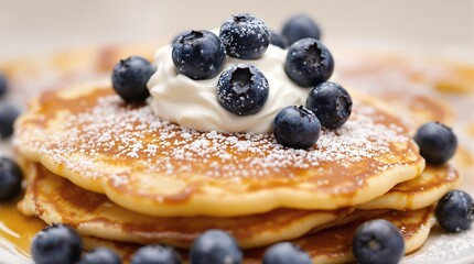 Delicious pancakes topped with fresh blueberries and whipped cream.