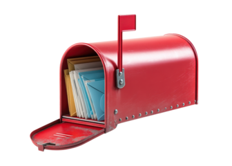 Classic red mailbox full of colorful letters with flag up isolated on transparent background, communication, delivery, post.