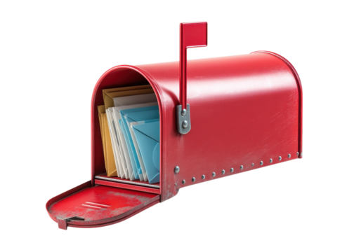 Classic red mailbox full of colorful letters with flag up isolated on transparent background, communication, delivery, post. - Powered by Adobe