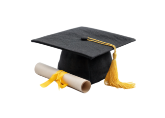 Black graduation cap with yellow tassel and rolled diploma with yellow ribbon, isolated on transparent background. Education, achievement, success.