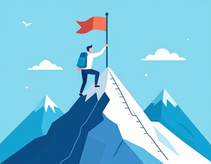 Businessman On Mountain Summit With Flag Reaching Peak