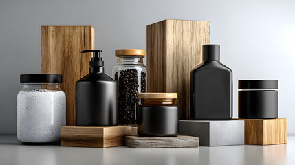 Product Packaging Display with Bottles Jars and Natural Elements