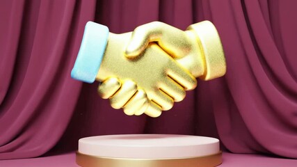 A golden 3D handshake emoji hovers above a round podium with dramatic maroon curtains in the background.