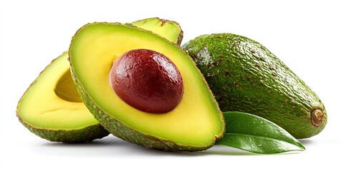 Fresh and Vibrant Avocado Halves and Whole Fruits Displayed on a Clean White Background Ideal for Healthy Eating and Culinary Arts Promotion