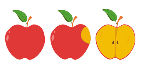 Set of ripe red apples with leaves. Apple icons isolated on white background.


