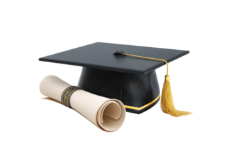 Black graduation cap with gold tassel and rolled diploma scroll, isolated on transparent background, achievement, success, education.
