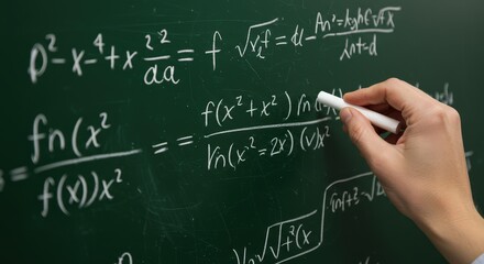 Solving Equations on Chalkboard with Hand Holding Chalk