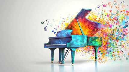 colorful piano on white background with music notes flying