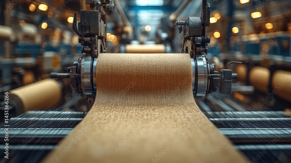 Poster close-up view of a wood processing machine in a factory, showcasing a wooden roll being produced