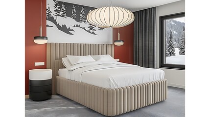 Serene bedroom ambiance featuring winter landscape view and refined interior design