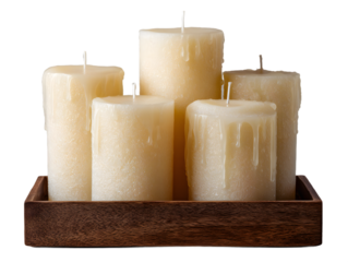 Unlit Pillar Candles in Wooden Tray on Transparent Background
