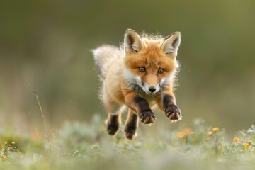 Fototapeta premium Playful red fox cub mid-air jump in golden grassland, dynamic wildlife action shot with motion blur under natural sunlight