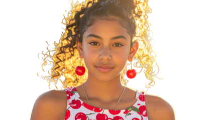 A smiling Hispanic girl with curly hair wearing cherry earrings and a summer dress. Captured outdoors with sunlight highlighting her features. Concept of youth and joy.