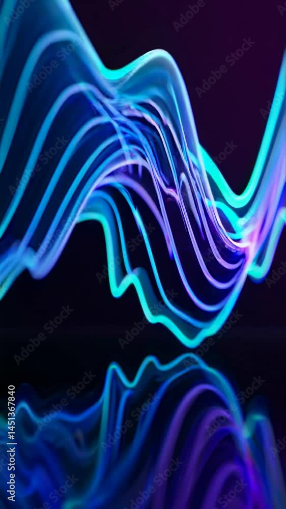 Poster dynamic abstract video concept with glowing blue waveforms on a dark background, captured from a low
