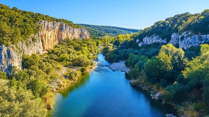 Scenic River View through Rocky Canyon with Lush Greenery under Clear Blue Sky
