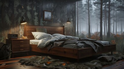 Inviting bedroom with forest view offers tranquil escape and natural beauty