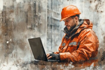 Urban construction worker using a laptop in the outdoors.