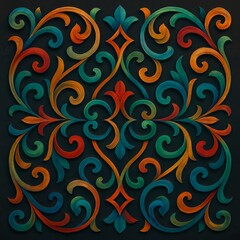  Arabesque abstract background, Geometric arabesque with multicolored swirls on dark background.