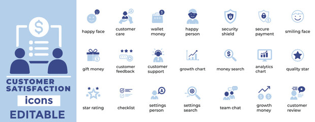 Editable customer satisfaction icons ideal for reviews, feedback, support, CRM, and business communication design needs
