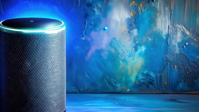 Smart Speaker with Blue Light on Abstract BackgroundModern Technology Device